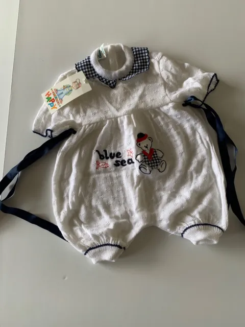 Vintage Cihochics Baby Boy Sailor Romper Blue White Outfit 6 Months NWT