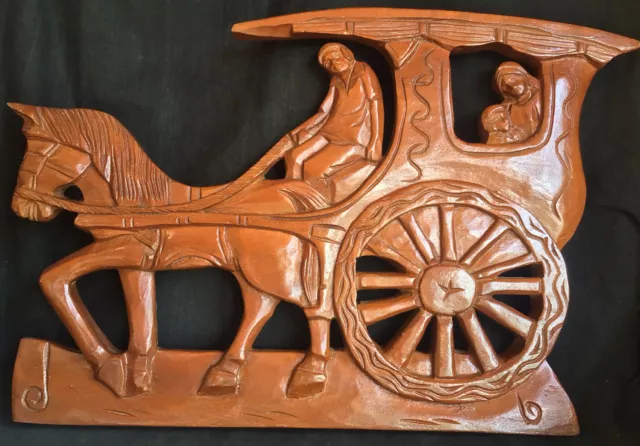 Vintage WOOD Hand Carved Horse Drawn Carriage Caravan ARTISAN Wall Hanging RARE