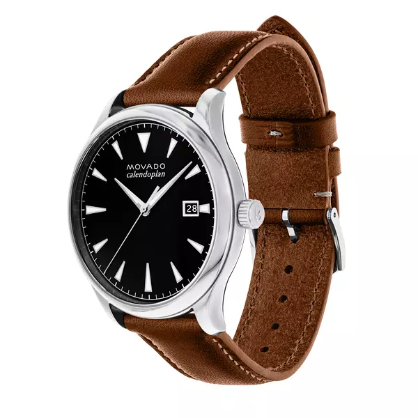 Movado Men's Swiss Heritage Series Calendoplan Brown Leather Black Dial $595 new