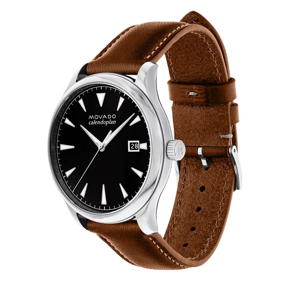 Movado Men's Swiss Heritage Series Calendoplan Brown Leather Black Dial $595 new
