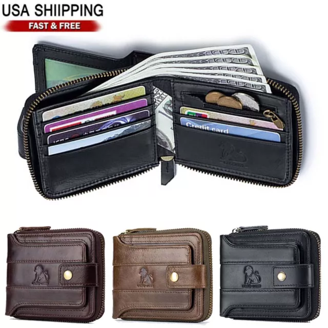Mens Wallet Genuine Leather Bifold RFID Credit ID Card Holder Coin Pocket Purses