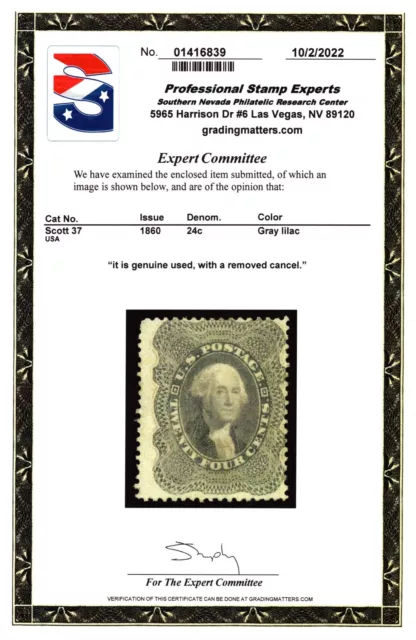 US Scott #37 George Washington 24c Stamp. Used. PSE Certified. CV $400