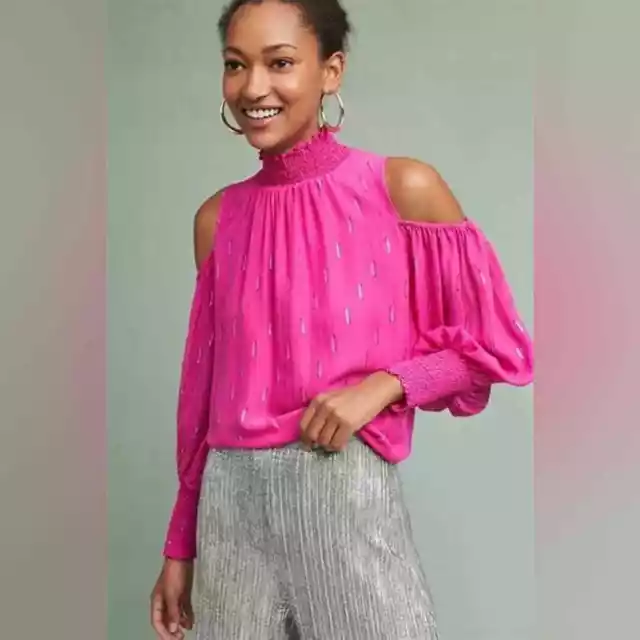 Shoshanna New Barrow Fuchsia Silk Metallic Blouse Top Size L