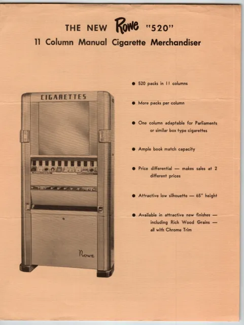 Rowe Model 520 Cigarette Vending Machine Flyer 1953 Promo Art 8.5" x 11" Vendor