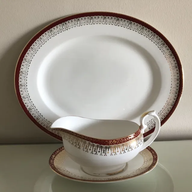 Royal Grafton Majestic Red Oval Serving Platter/Plate & Gravy Boat With Saucer