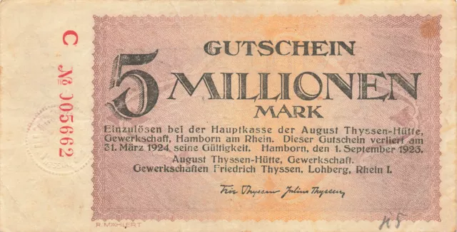 Hamborn - August Thyssen-Hütte - Notgeld - 5 Millionen Mark - Bst. C