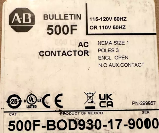 New Allen Bradley 500F-BOD930-17-9000 Contactor AC Contactor Nema Size 1
