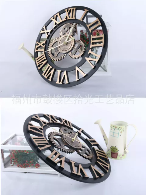 Large Wall Clock Handmade Vintage Rustic 60cm Wooden luxury art vintage big gear 2