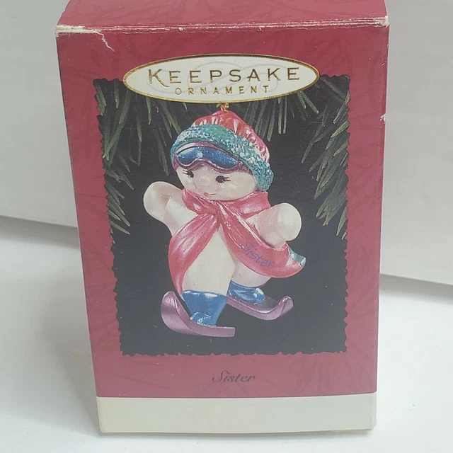 HALLMARK KEEPSAKE Christmas ORNAMENT SISTER SKIING SNOWMAN Holiday Box Skating