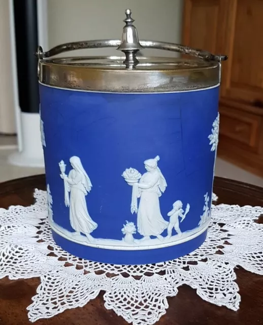 Antique Wedgwood Jasperware Cobalt Blue Biscuit Barrel EPNS Lid