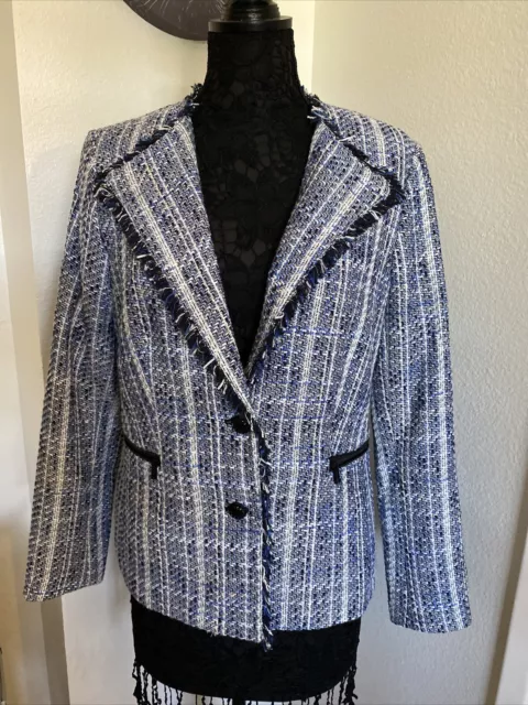 KARL LAGERFELD PARIS Tweed Black Blue White Jacket Blazer Fringe Sz 14 NWT  $149 £1.01 - PicClick UK
