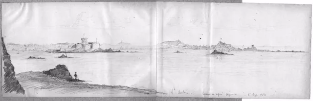 LÉON BERVILLE DESSIN ORIGINAL 1881 JERSEY vue de Saint-Aubin Île anglo-normande