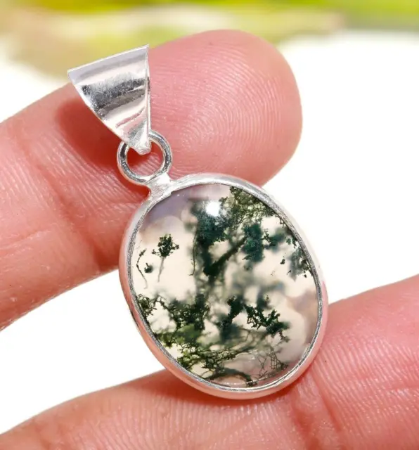 Natural Tree Moss Agate Oval Cabochon 925 Sterling Silver Handmade Pendant 3 gm.