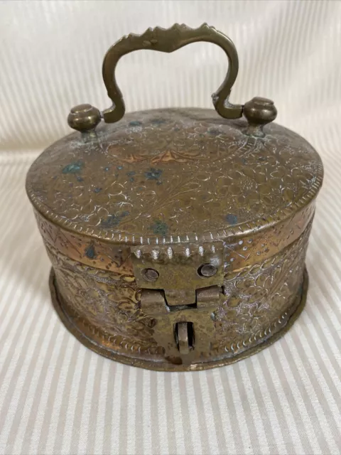 Antique 19th c. Brass Betel Nut Pandan Box with Lid and accessories