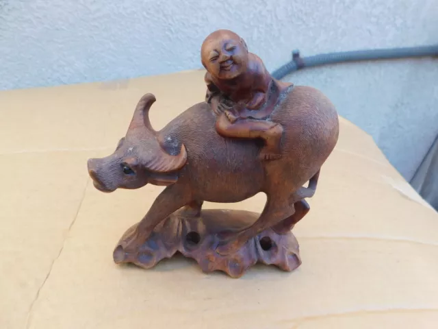 Antique Chinese Hand Carved buffalo ox shepherd Boy Cowboy Wood Statue Figurine