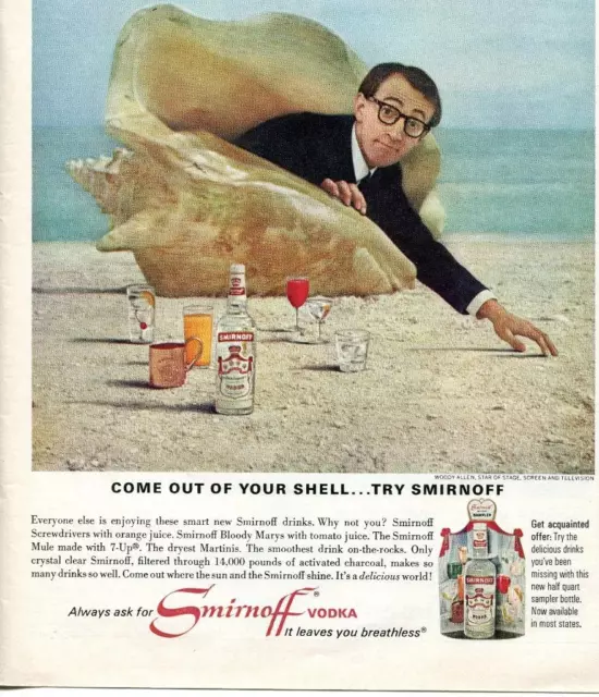 Woody Allen Smirnoff Vodka 1966 Print Ad Come Out Of Your Conche Shell - Bar-