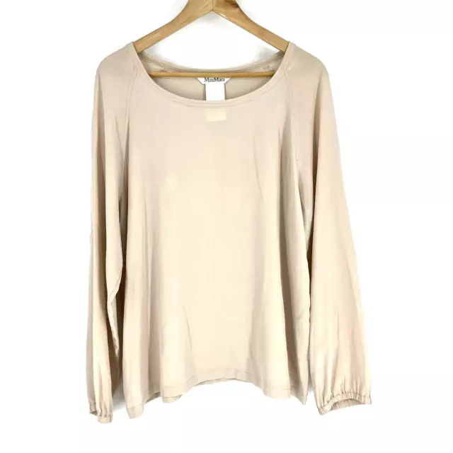 Max Mara Top Size 16 Womens Beige Silk Long Raglan Sleeve Blouse Boat Neck Shirt