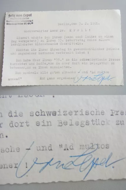 Felix Di Lepel (1899-1979): Signierter Brief Berlino 1961 An Erwin Kroll