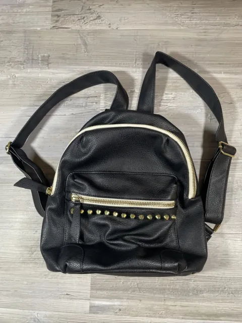 Steve Madden Mini Backpack Purse Black Embossed Faux Leather Gold Zippers Studs