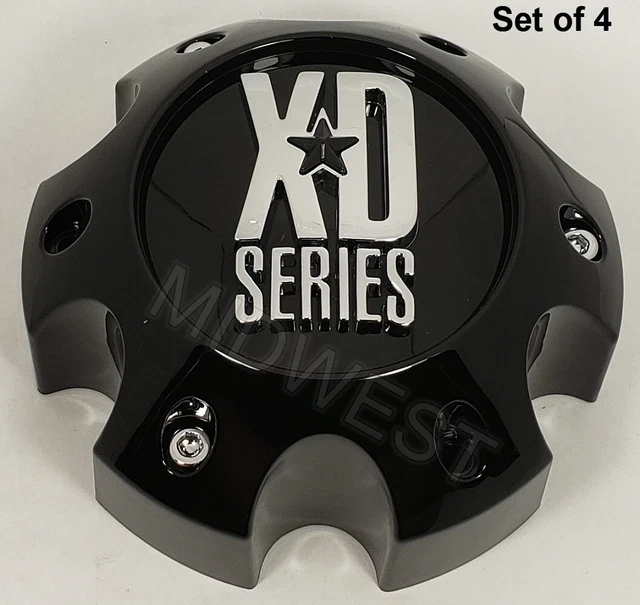 4 New Gloss Black 1079L145GB XD 6 Lug 6x139.7 Wheel Rim Center Caps w Screws