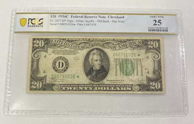 1934C $20 Federal Reserve Note CLEVELAND Fr. 2057-D STAR NOTE PCGS VF25