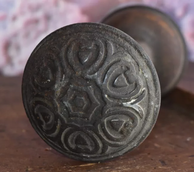 Pair of Antique Victorian Ornate Cast Bronze or Brass Metal Door Knobs Hardware