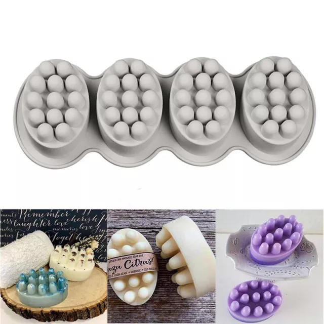 4 Cavity 3D Hecho a Mano Jabón de Silicona Molde Masaje Terapia Hágalo usted mismo Jabones de Resina Ovalados