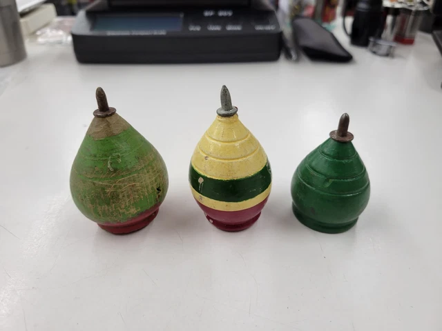 Vintage Paint Wood Spinning Tops With Metal Tips. Lot Of 3. Unbranded Vintage Paint Wood Spinning Tops With Metal Tips. Lot Of 3. Unbranded
