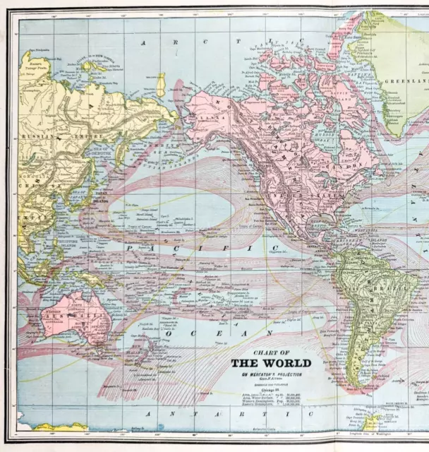 1898 World Map United States South America Europe Africa Australia Currents 2