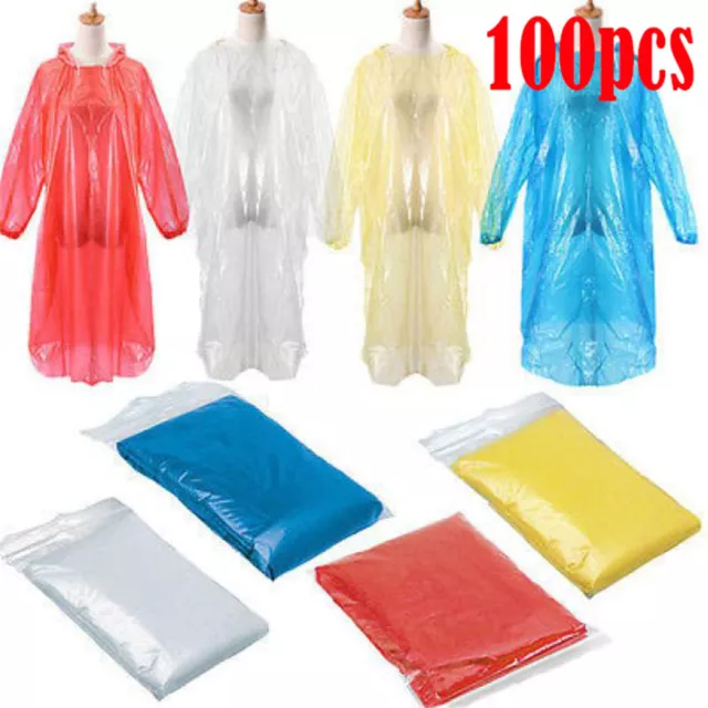 100*Disposable Rain Coat Adult Waterproof Poncho Hiking Camping Hooded Raincoat