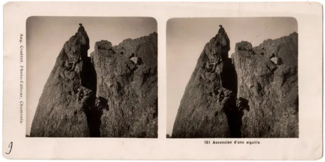 Mountain.Climbing a Needle.Silver Stereo Photo Aug.Couttet Chamonix.