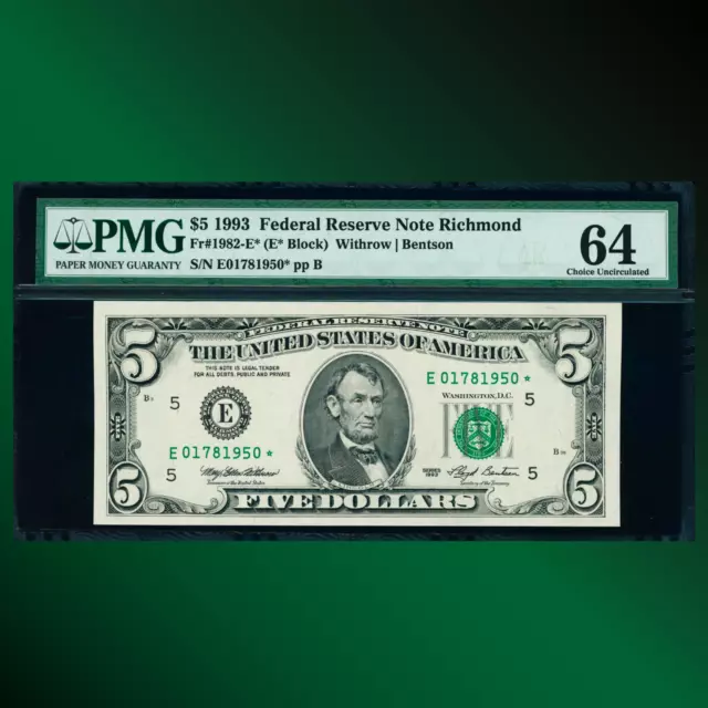 Fr.1982-E 1993 $5 Five Dollars FRN Richmond, Star Note, PMG 64, 81950