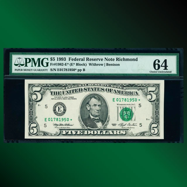 Fr.1982-E 1993 $5 Five Dollars FRN Richmond, Star Note, PMG 64, 81950
