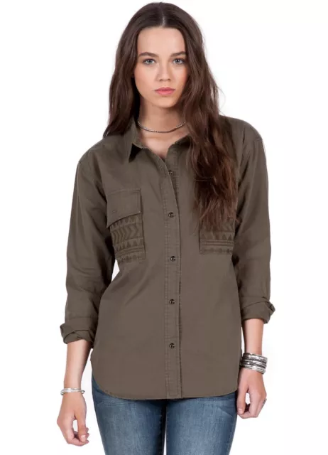 NWT WOMENS VOLCOM WYLD JOURNEY LONG SLEEVE $65 S military BUTTON UP SHIRT