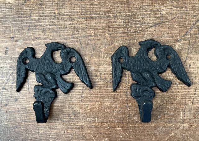 2 Vintage Black Wrought Iron Eagle Wall Hooks Iron Art~ Coats Towels