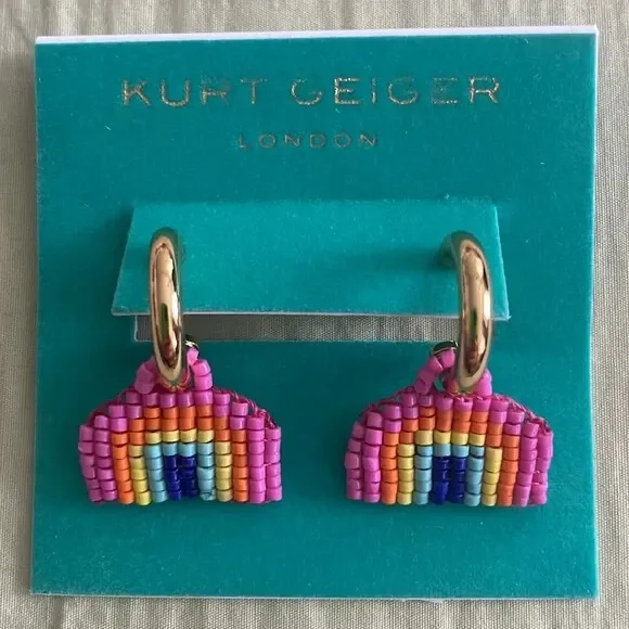 Kurt Geiger London Beaded Rainbow Charm Huggie Hoop Gold Earrings