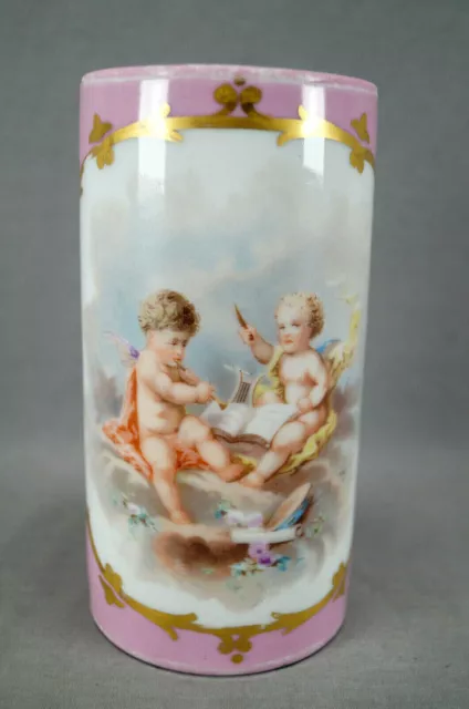 Sevres Style Cherubs With Musical Instruments Pompadour Pink & Gold Vase