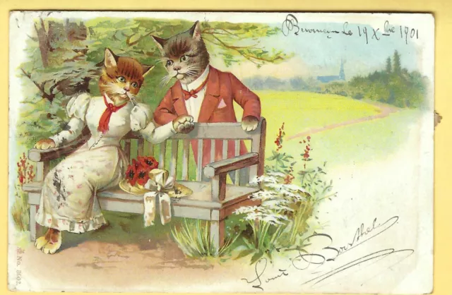 CPA - Chats Humanisés - Chat courtisant une chatte assise sur un banc -