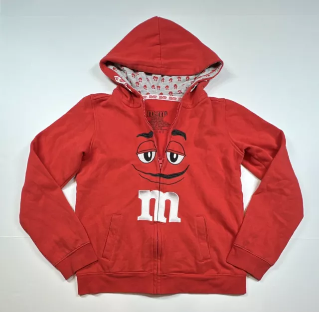 Red M&M Zip Up Hoodie Size Large 8/10 Kids Embroidered Print In Hood