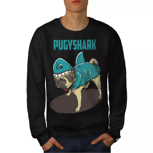 Wellcoda Pug Shark Mens Sweatshirt, Funny Cute Dog Casual Pullover Jumper