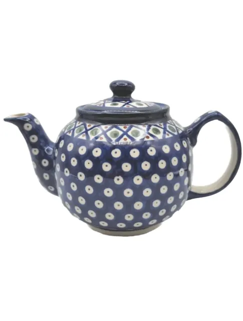 Boleslawiec Polish Pottery Blue Hand Painted White Dotted Ceramic Round Teapot