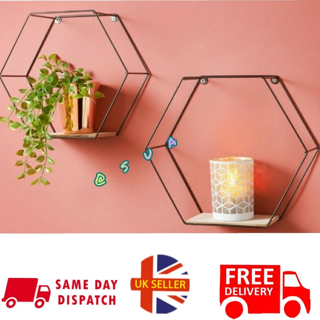 SET OF 2 Black Wire Metal Hexagonal Floating Wall Shelves Home Decor