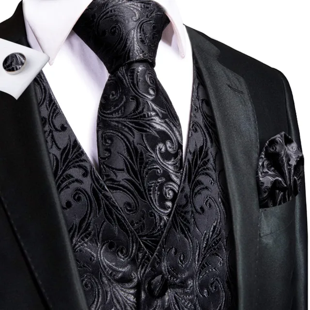 Hi-Tie Mens Waistcoat Vintage Floral Vest Suit Tie Hanky Set Wedding Party M