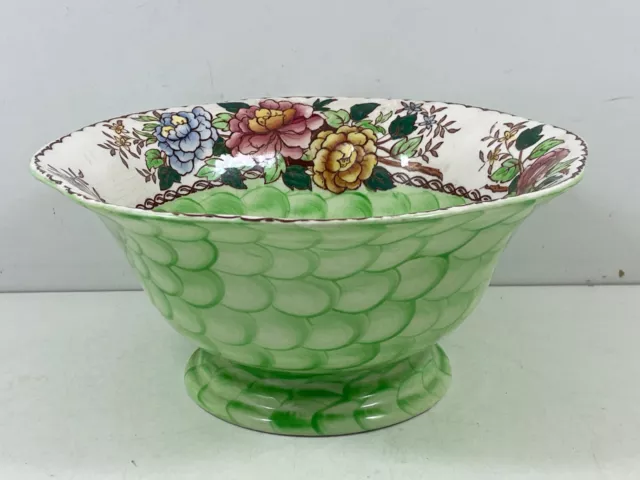 Maling Round Fruit Bowl Peony Rose Pattern 1259 Aero Green Floral Pedestal