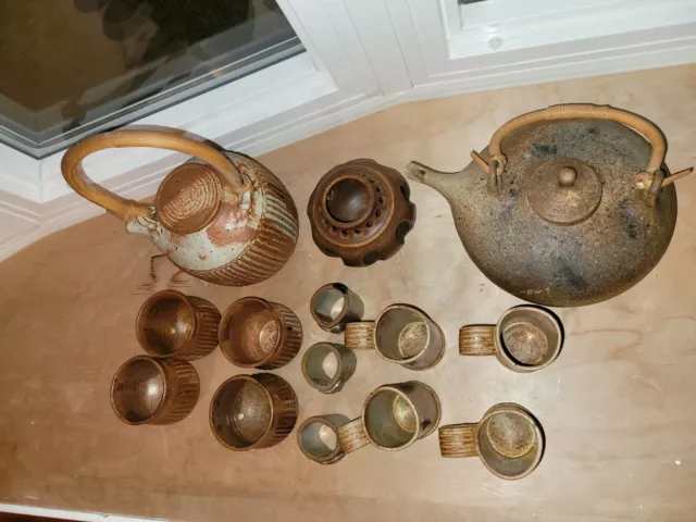 Teapots, cups, Handmade Craft Ceramic Brown. Antiques Set.14 Pieces.