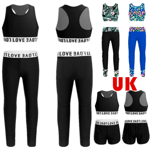 Kids Girls 2pcs Workout Dance Gymnastics Tracksuit Outfit Leggings Crop Tops Set