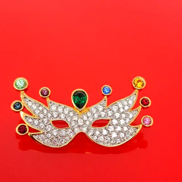 Swarovski Crystal Signed Swan Mask Mardi Gras Gold Plated Brooch Pin