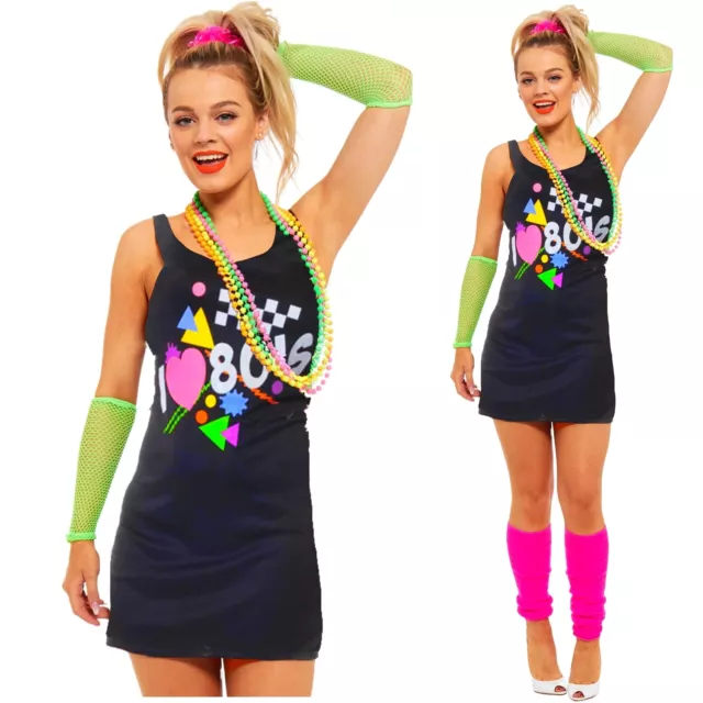 Ladies 80s 1980s NEON FANCY DRESS Dance Hen Party Outfit Costume One Size +  Plus