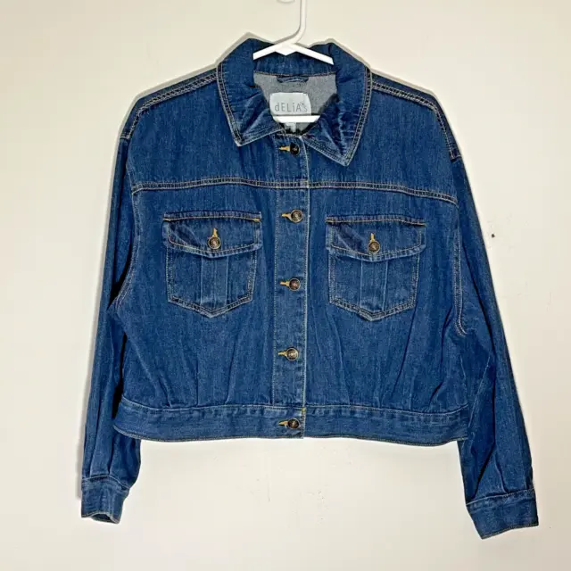 Delias Girls Crop Denim Jacket Long Wide Dolman Style Sleeves Med Wash Size L