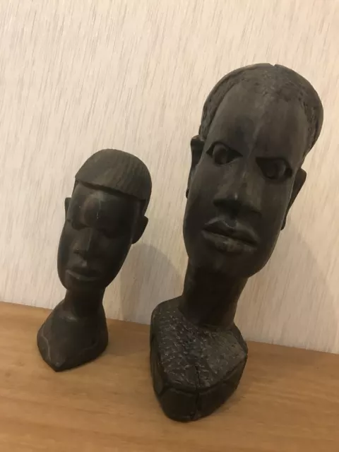 Vintage African Tribal Dark Heavy Solid Wood Bust Head Statue Sculptures x 2